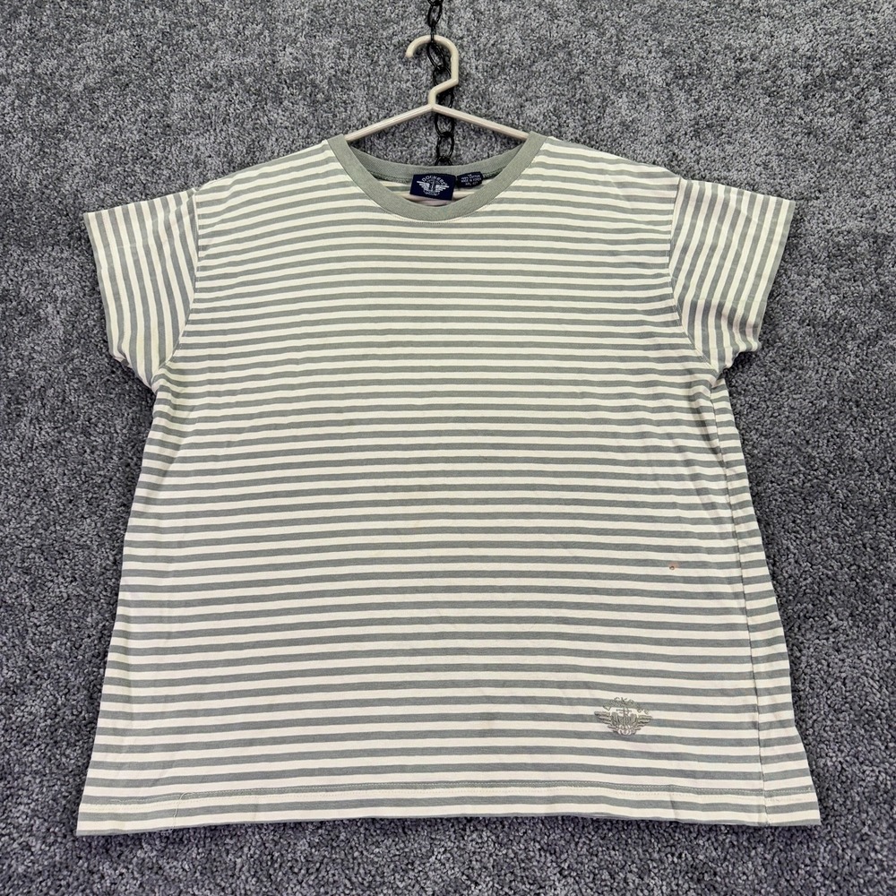 Vintage Dockers Shirt Womens 1X Beige Striped Short Sleeve Crew Neck Nautical - Picture 1 of 10